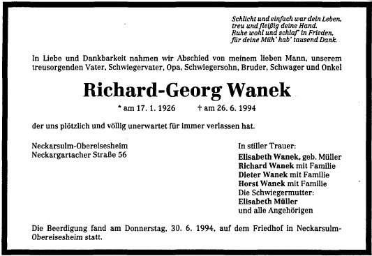 Wanek Richard Georg 1926-1994 Todesanzeige
